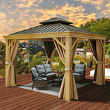 YITAHOME 10x10ft Hardtop Gazebo with Nettings and Curtains, Wood Grain Heavy Duty Double Roof Galvanized Steel Outdoor Combined of Vertical Stripes Roof for Patio, Backyard, Deck, Lawns, Brown YITAHOME