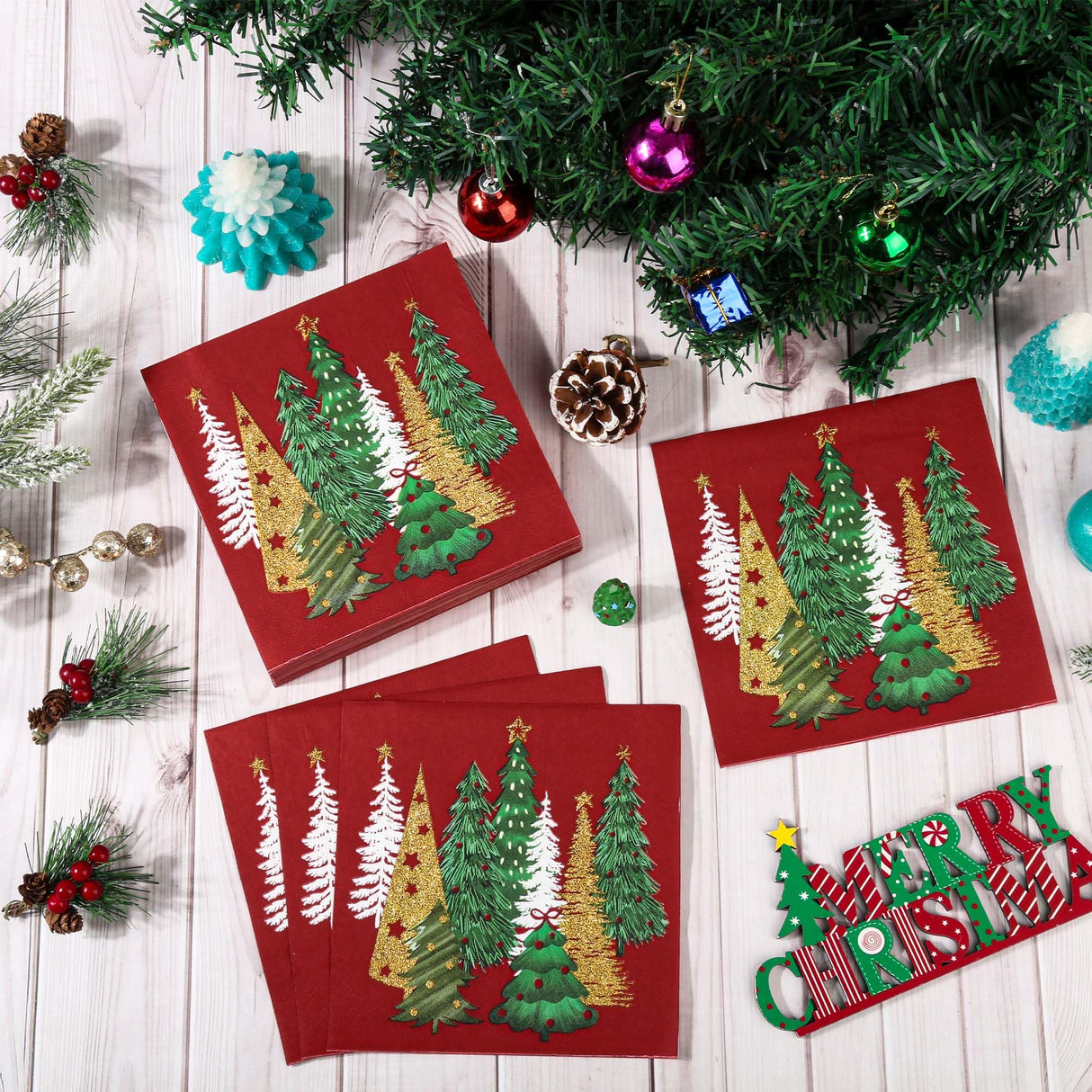 100Pcs Red Pines Trees Paper Napkins Christmas Disposable Party Napkin 6.5" Seasonal Winter Xmas Luncheon Hand Towel for Holiday New Year Party Table Decor AllReal