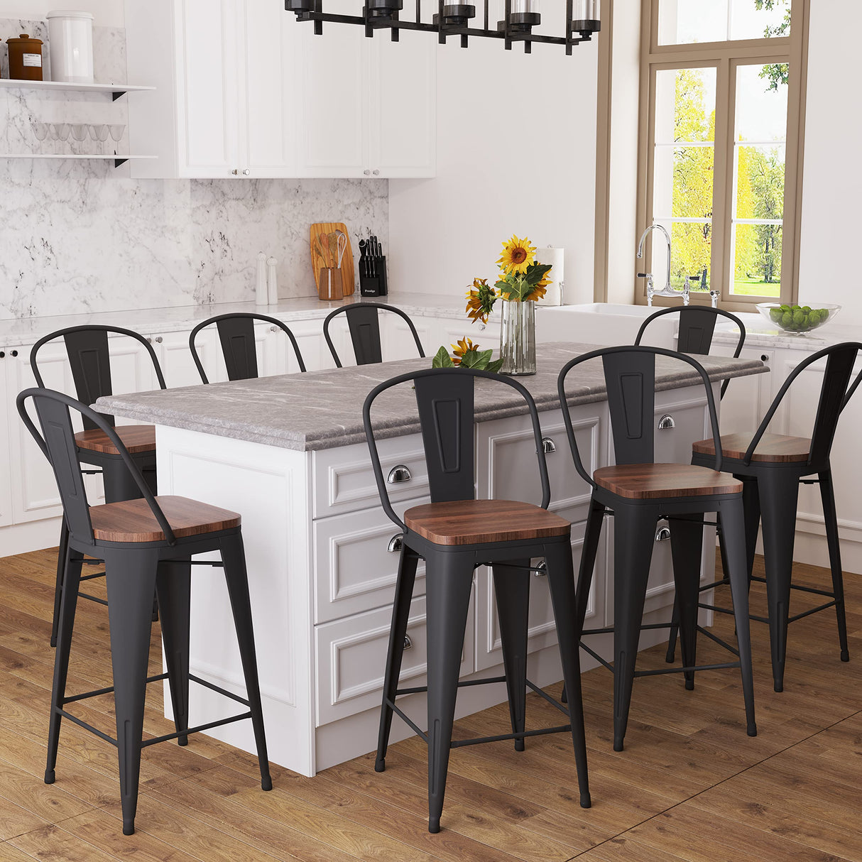 Aklaus Metal Bar Stools Set of 4,24 inch Barstools Counter Height Bar Stools with Backs Farmhouse Bar Stools with Larger seat High Back Kitchen Dining Chairs Modern Bar Chairs Matte Black Stool Aklaus