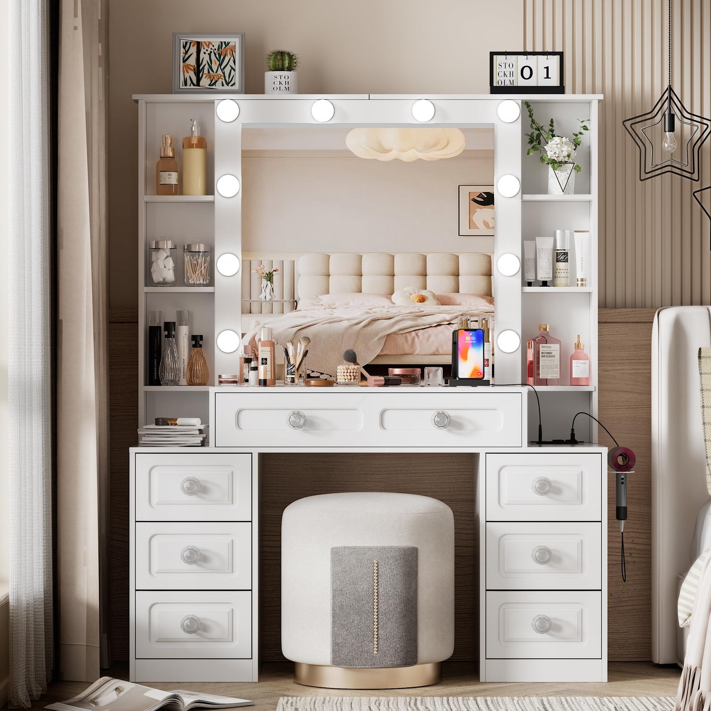 FURNJOYLIFE Farmhouse Makeup Vanity with Lighted Mirror & Charging Station, Vanity Desk Dresser Table with 3 Lighting Modes Brightness Adjustable,Drawers,Shelves,Hair Dryer Stand for Bedroom,White