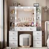FURNJOYLIFE Farmhouse Makeup Vanity with Lighted Mirror & Charging Station, Vanity Desk Dresser Table with 3 Lighting Modes Brightness Adjustable,Drawers,Shelves,Hair Dryer Stand for Bedroom,White FURNJOYLIFE