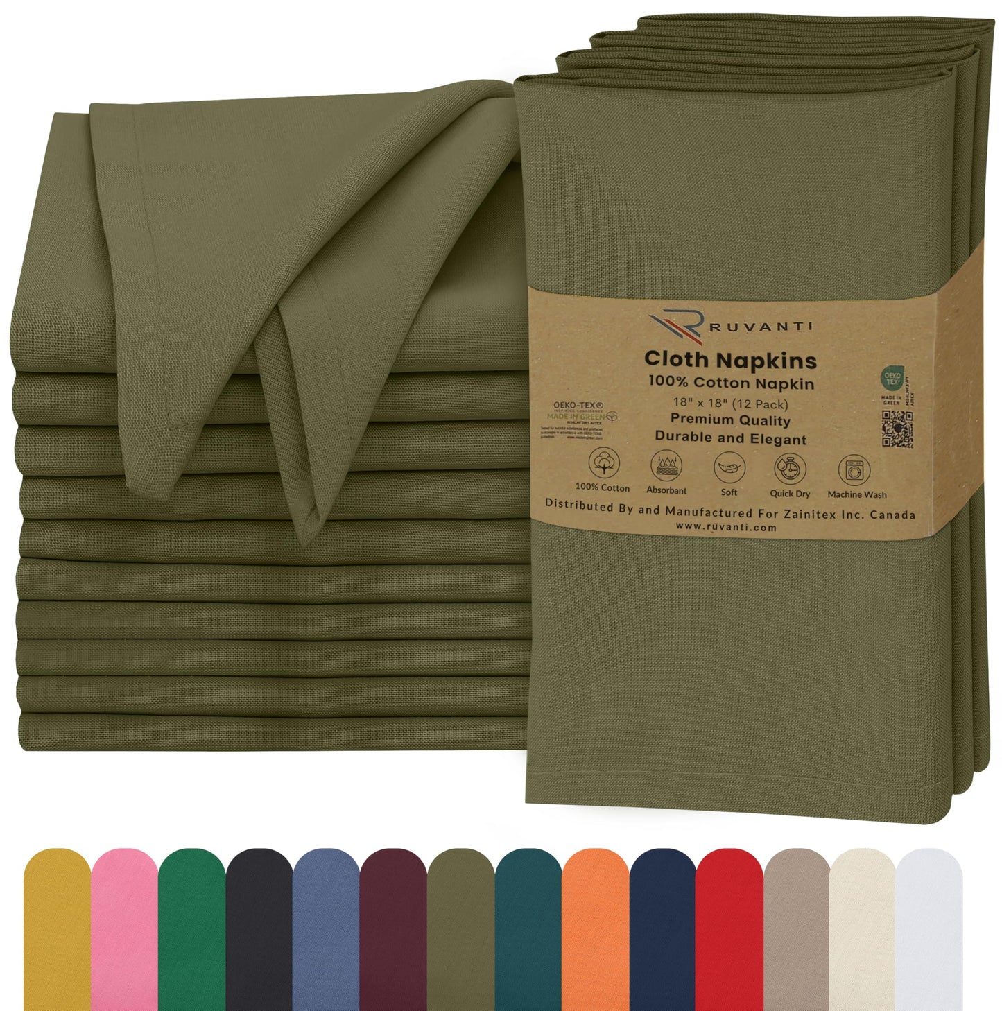 Ruvanti Cloth Napkins Set of 12, 18x18 Inches, Napkins Cloth Washable, Soft & 100% Cotton Napkins, Perfect for Wedding, Christmas Napkins, ‎Thanksgiving, Dinner Napkins - Capulet Olive