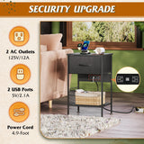WLIVE Night Stand with Charger Station, Small Nightstand with 1 Fabric Drawer and Open Wood Shelf, 25" H Bedside Table for Bedroom, 2-Tier Storage Side Table for Dorm, Entryway, Black WLIVE