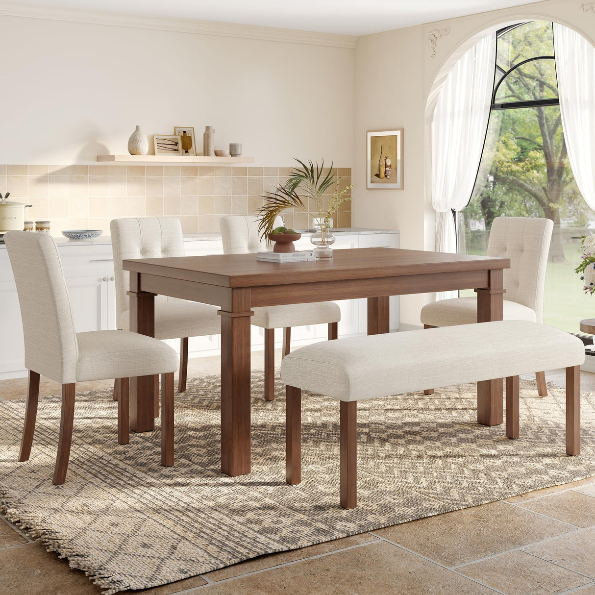 VilroCaz Modern 6-Piece Dining Table Set, Solid Wood 60'' Rectangle Kitchen Table with 4 Upholstered Chairs & Bench, Home Kitchen Dining Room Set for 6 (Walnut-7.19) VilroCaz