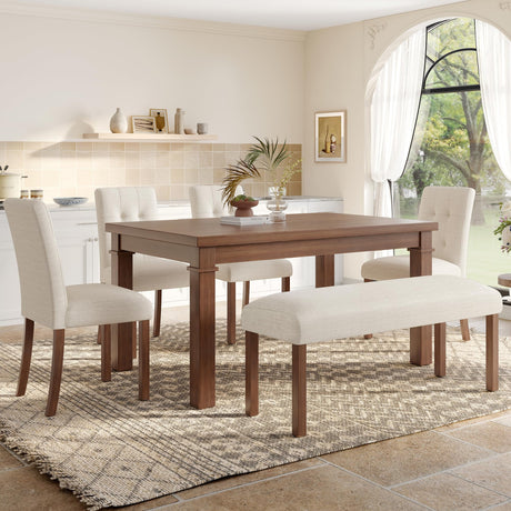 VilroCaz Modern 6-Piece Dining Table Set, Solid Wood 60'' Rectangle Kitchen Table with 4 Upholstered Chairs & Bench, Home Kitchen Dining Room Set for 6 (Walnut-7.19) VilroCaz