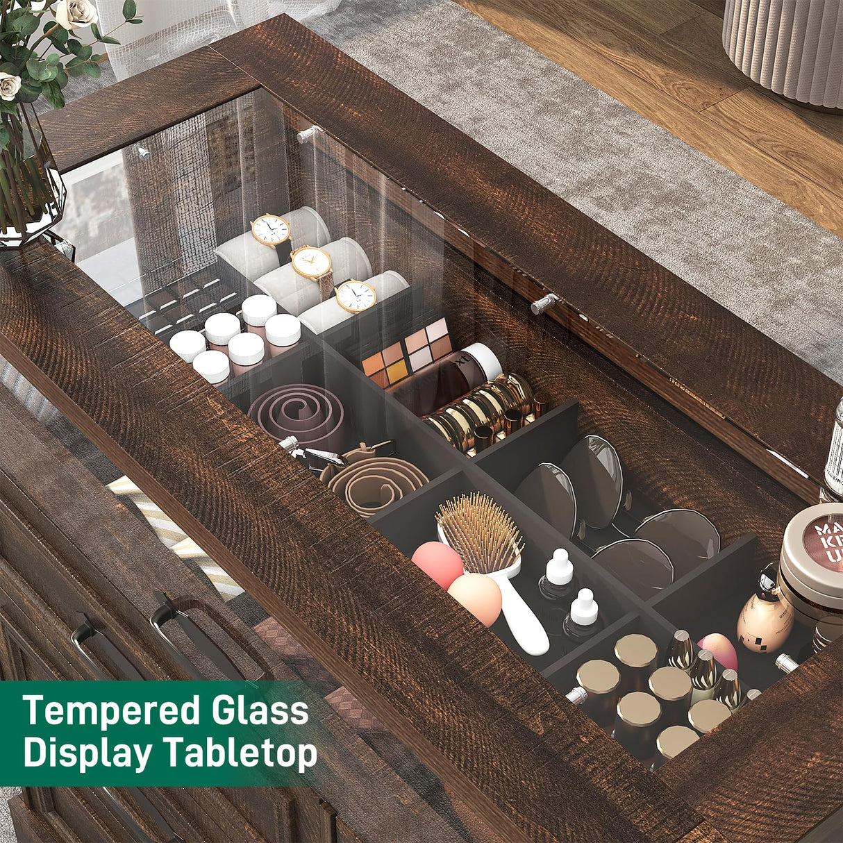 Hlivelood 63" Farmhouse 11 Drawer Dressers for Bedroom, Brown Wood Dresser w/Glass Top&Front Display Organizer, Bedroom Closet Island Chest of Drawers, for Living Room, Bedrooms, Hallway, Brown Hlivelood