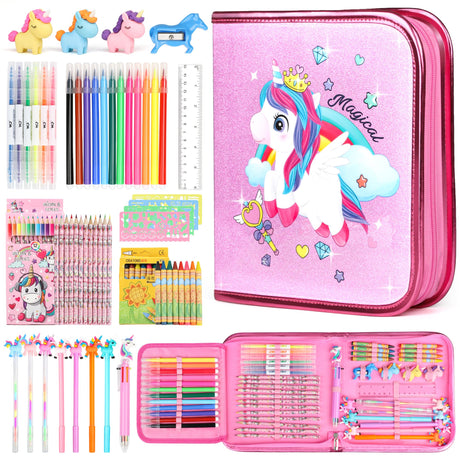 beefunni Unicorn Fruit Scented Markers Set 56 Pcs, Art Supplies for Kids 4-6-8, Arts and Crafts Coloring Set, Markers Pencil Crayon&Gel Pen Drawing Kits - Birthday Gifts for Girls 4 5 6 7 8 Year Old beefunni
