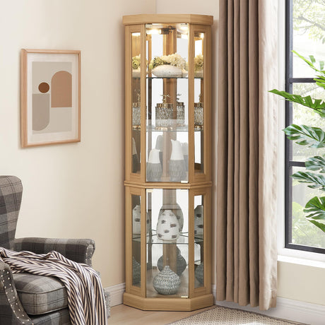 lunhung 69" H Lighted Corner Curio Cabinet, Corner Glass Display Case with Adjustable Shelves & Glass Doors, Wooden Curved Corner Accent Storage Curio Storage Rack for Living Room (Light Oak) lunhung