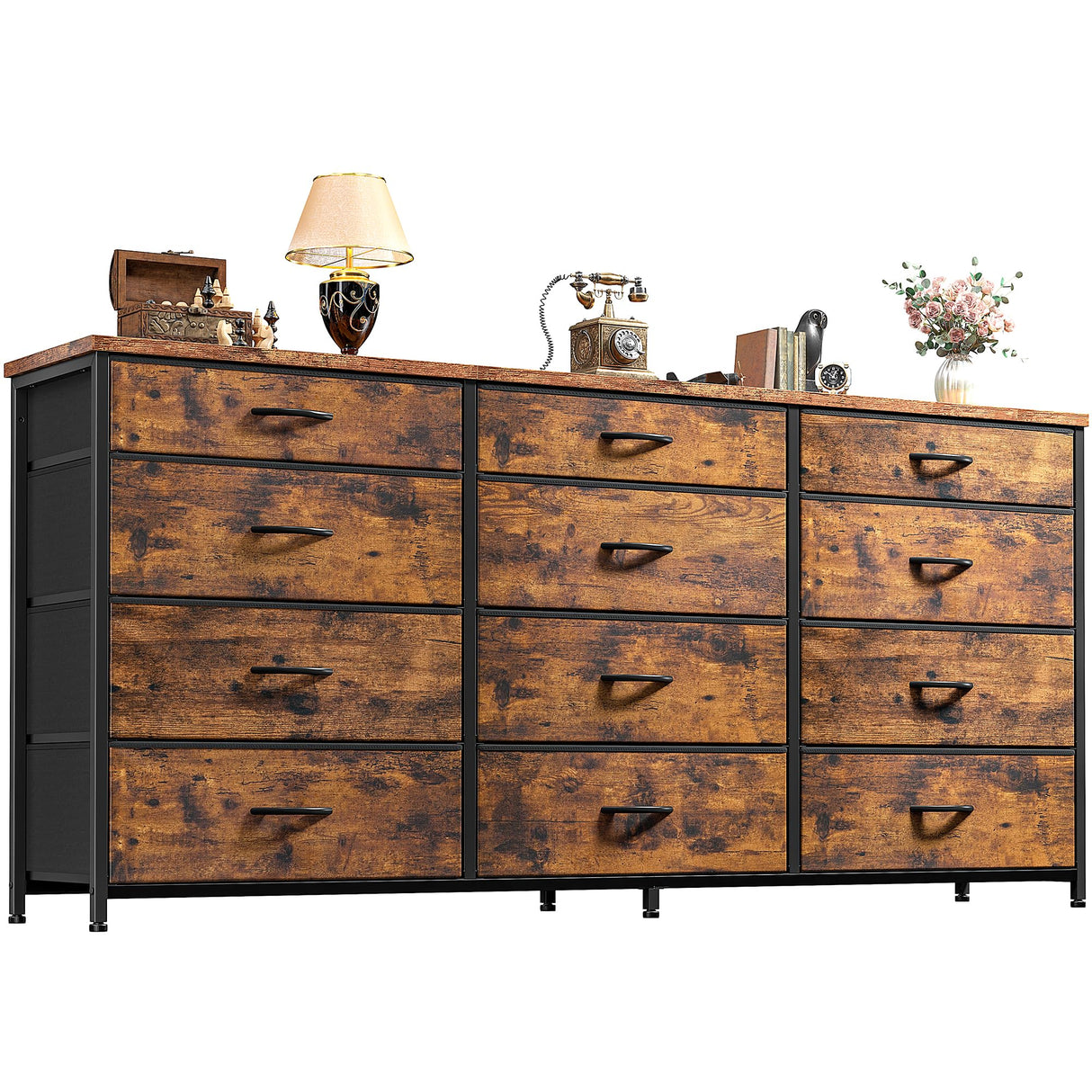 Romorgniz 55" Dresser for Bedroom with 12 Fabric Drawers, Entertainment Center for 60 inch TV Dressers & Chests of Drawers Large Organizer, Living Room, Metal Frame, Wood Top, Rustic Brown Romorgniz
