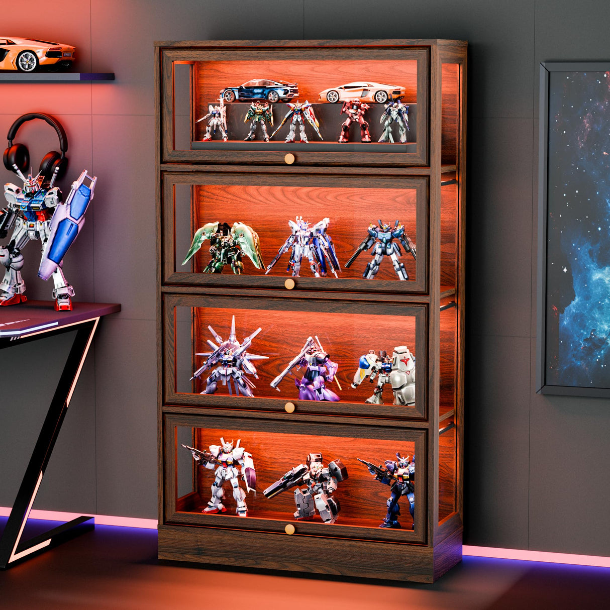 BONITURE Display Cabinet with Acrylic Glass Doors,4-Tiers Curio Cabinet with LED Lighting for Collectibles, Collectibles Toy Organizers Rack & Display Shelf Display Case Storage Cabinet, Walnut BONITURE