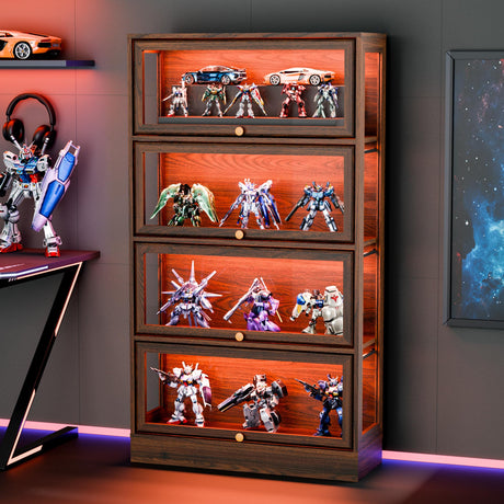 BONITURE Display Cabinet with Acrylic Glass Doors,4-Tiers Curio Cabinet with LED Lighting for Collectibles, Collectibles Toy Organizers Rack & Display Shelf Display Case Storage Cabinet, Walnut BONITURE