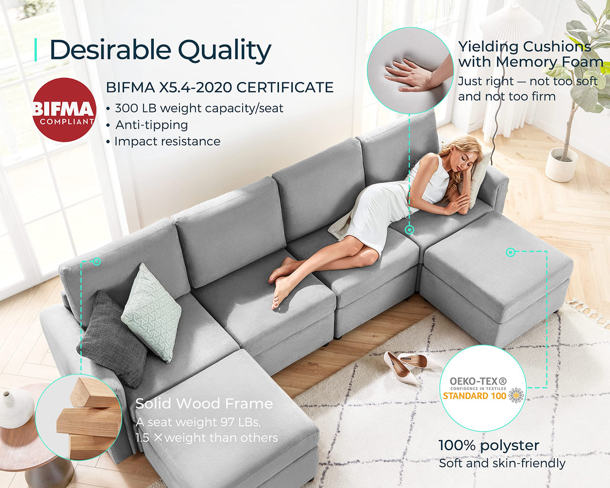 LINSY HOME Modular Sectional Sofa, Convertible U Shaped Sofa Couch with Storage, Memory Foam, Modular Sectionals with Ottomans, 6 Seat Sofa Set with Chaise for Living Room, Grey LINSY HOME