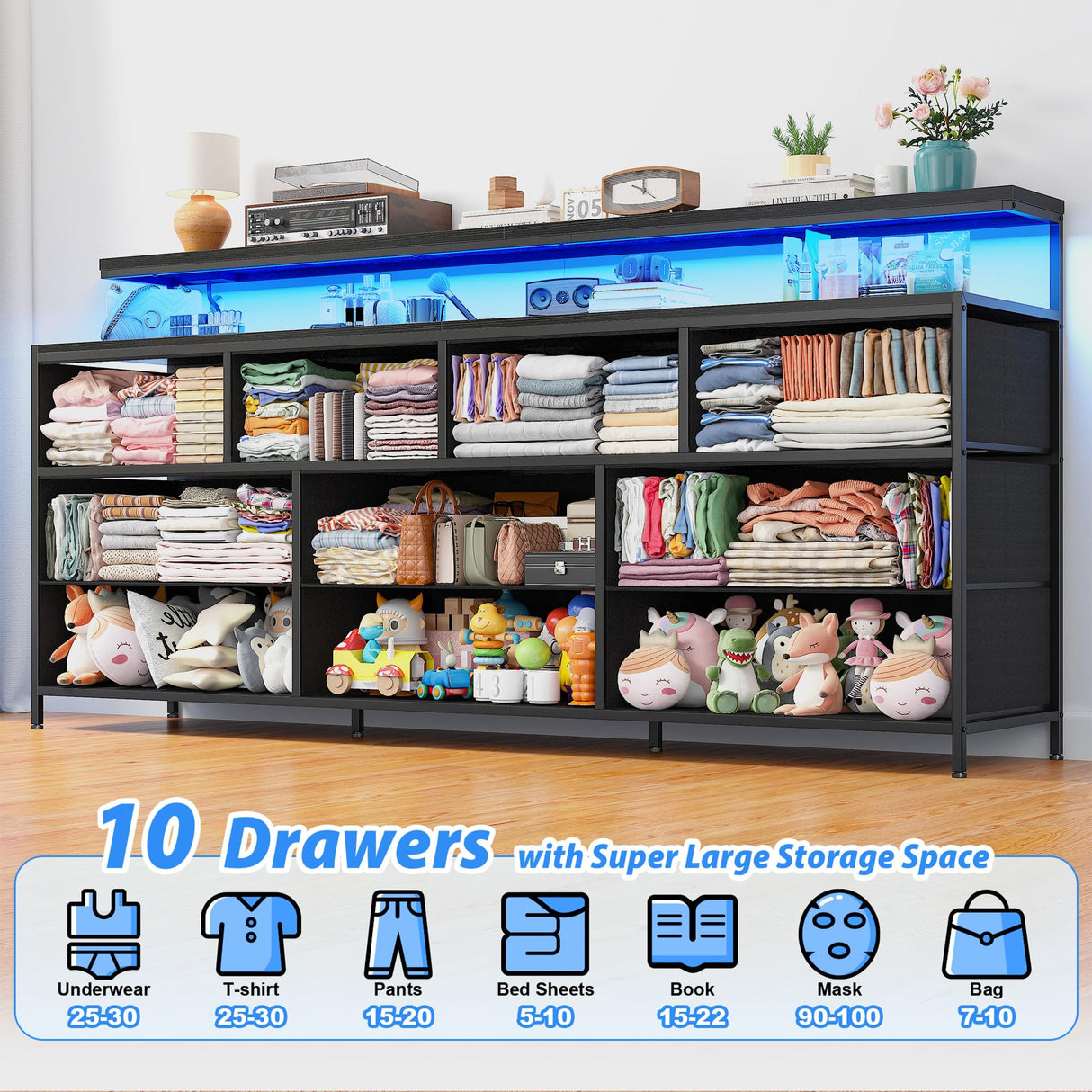 EnHomee 55" W Dresser for Bedroom with 10 Drawers Long Dresser with LED Lights & Power Outlets Wide Dressers & Chests of Drawers Large Dresser for Bedroom Dresser Metal Frame, Wood Top, Charcoal Black EnHomee