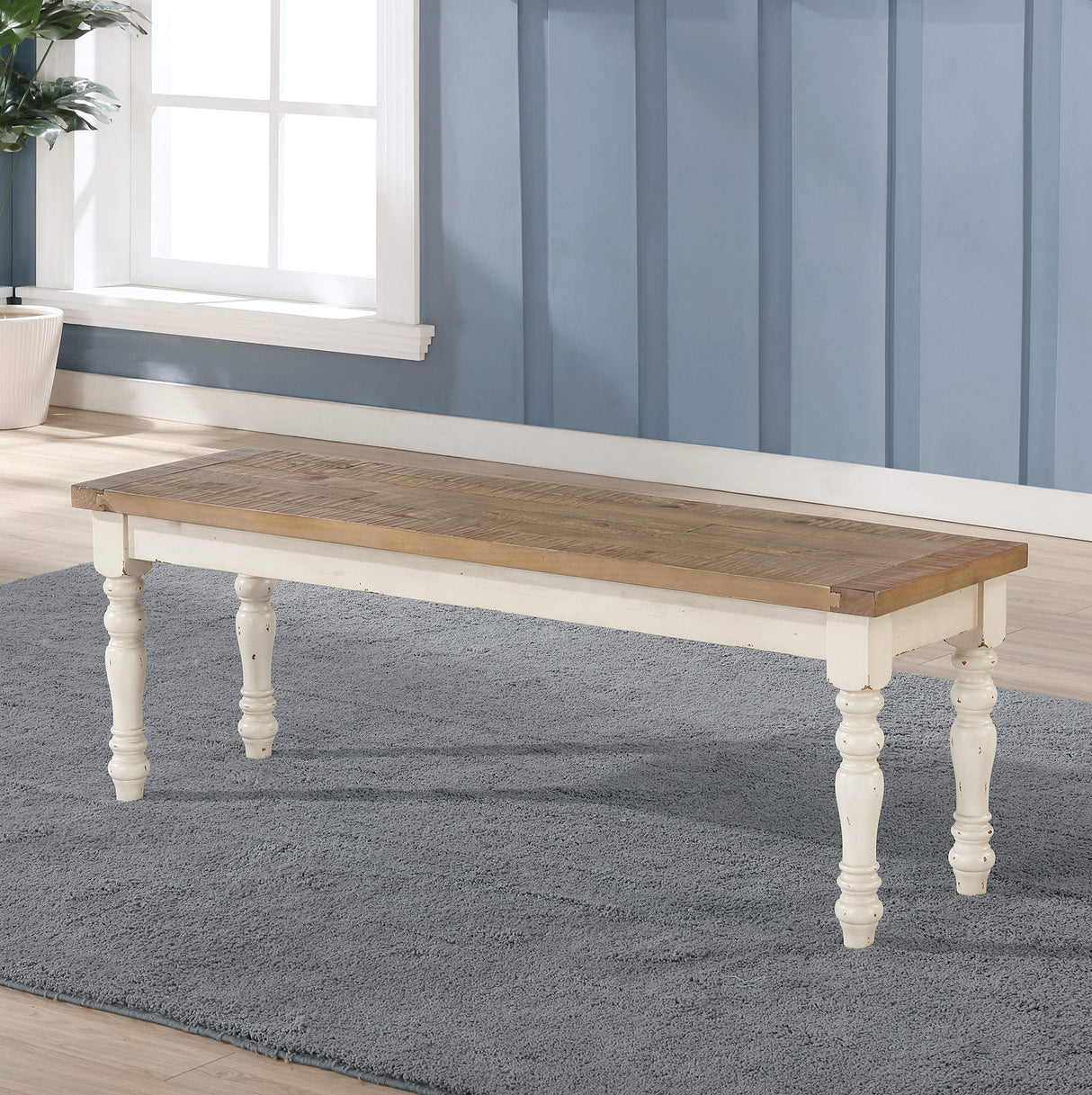 Roundhill Furniture Prato Two-Tone Distressed Oak Wood Dining Bench, One Size, Antique White Roundhill Furniture