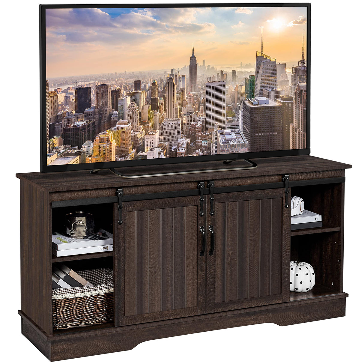Yaheetech TV Stand for TVs Up to 65 inch, Farmhouse Media Entertainment Center, 58'' TV Console Table with Adjustable Shelves & Sliding Barn Doors for Living Room, Dark Walnut Yaheetech