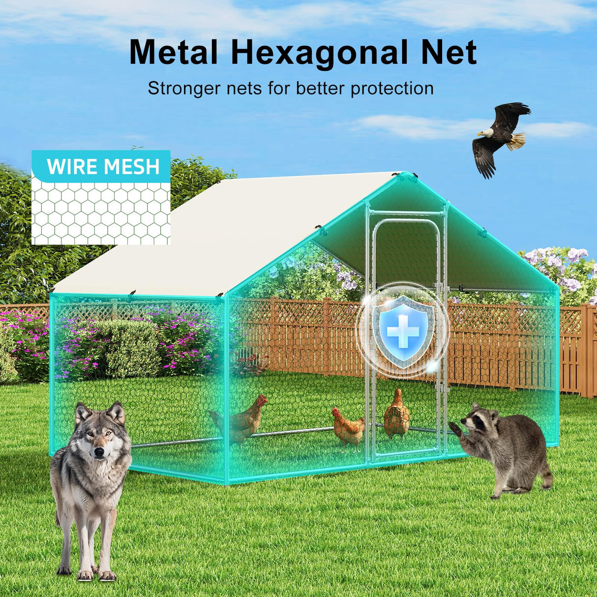 NGTEEN Large Metal Chicken Coop, Chicken Pen Walk in Chicken Run for Duck Rabbit Habitat Flat Shaped Poultry Cage with Waterproof Cover for Outdoor Farm Use, Spire Roof (10' L x 4.9' W x 6.4' H) NGTEEN