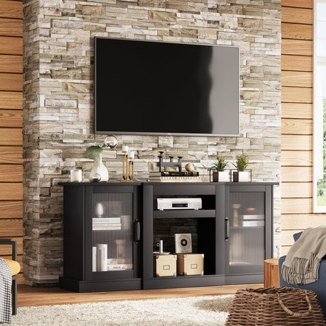 WLIVE Retro TV Stand for 65 inch TV, TV Console Cabinet with Storage, Open Shelves Entertainment Center for Living Room and Bedroom, Black WLIVE
