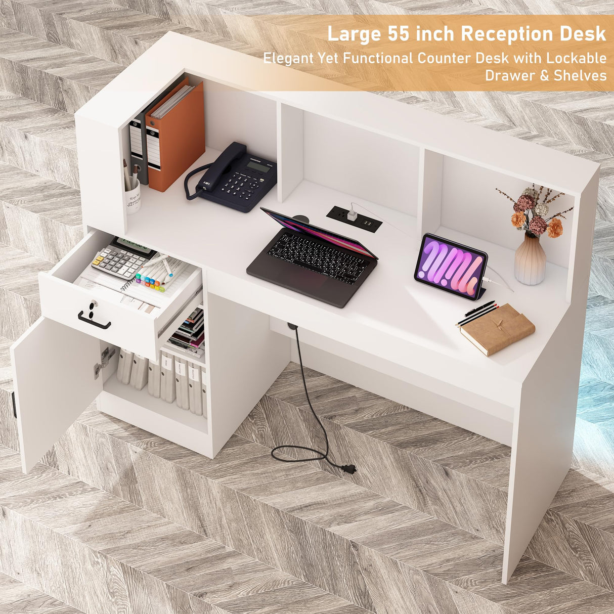 55" Reception Desk with LED Lights Power Outlets,L-Shaped Modern Front Desk Reception Room Table with Cable Grommet,Lockable Drawers,Retail Checkout Counter for Lobby,Salon,Home Office Desk,White Hlivelood
