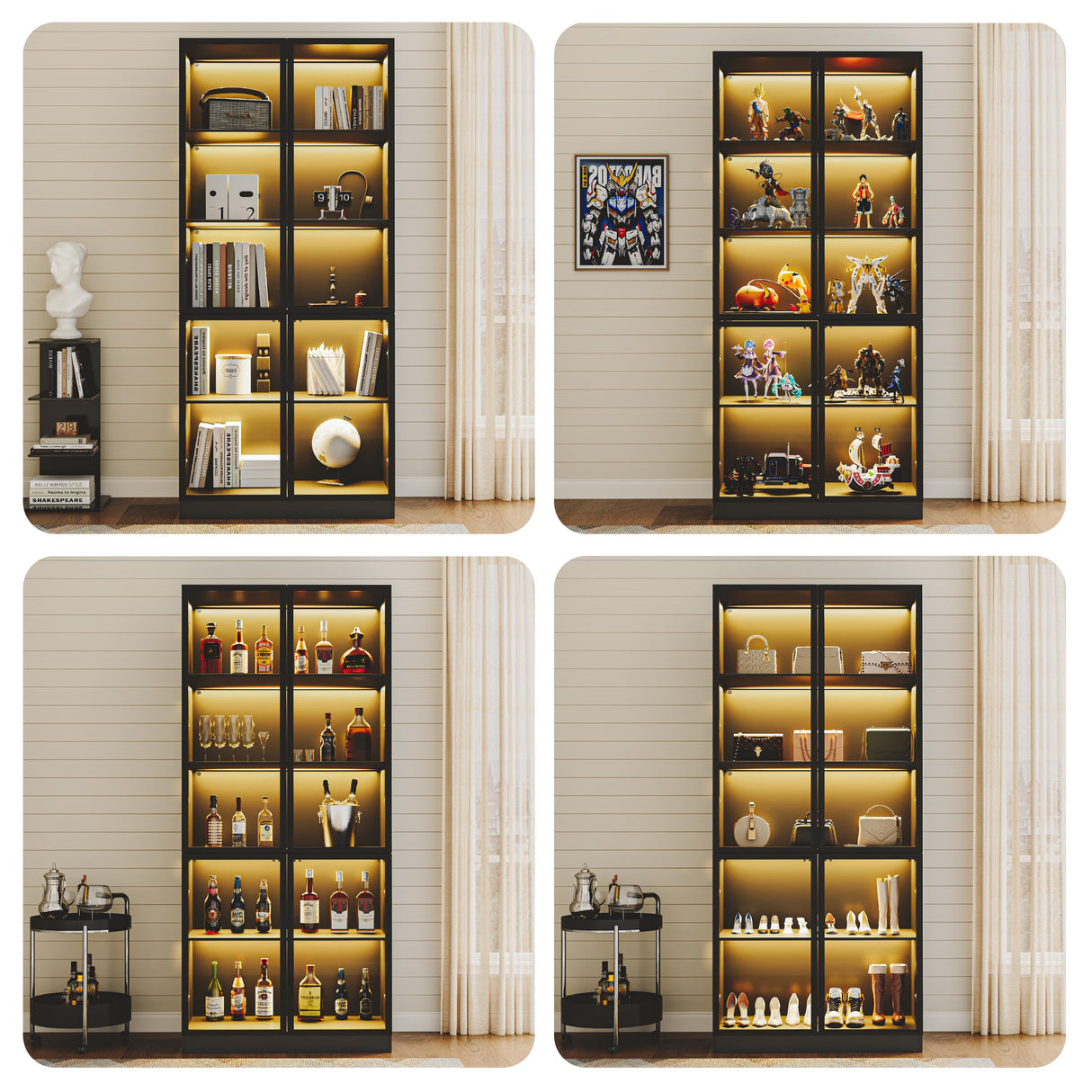 Jartoil Display Cabinet with Glass Doors & Lights, 5-Tier LED Storage Curio Cabinet, Trophy Display, Lighted Display Bookcase for Home Office, Black Jartoil