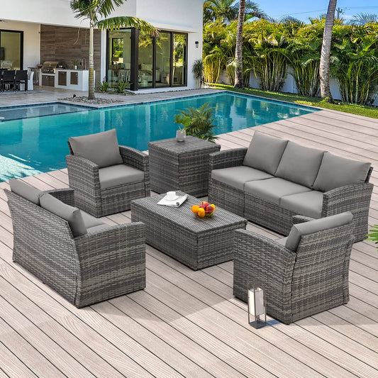 AECOJOY 7 Pieces Patio Furniture Set with Two Storage Boxes, Outdoor Rattan Conversation Set，All-Weather PE Wicker Sectional Sofa Outdoor Furniture for Garden, Backyard, Deck, Grey Rattan&Grey