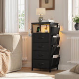 EnHomee Black Nightstand Set of 2,Night Stand with Charging Station & LED, Bedside Table with Fabric Drawers and Storage Shelf, Sturdy Steel Frame, Wood Top,Cloth Bags,Hooks EnHomee