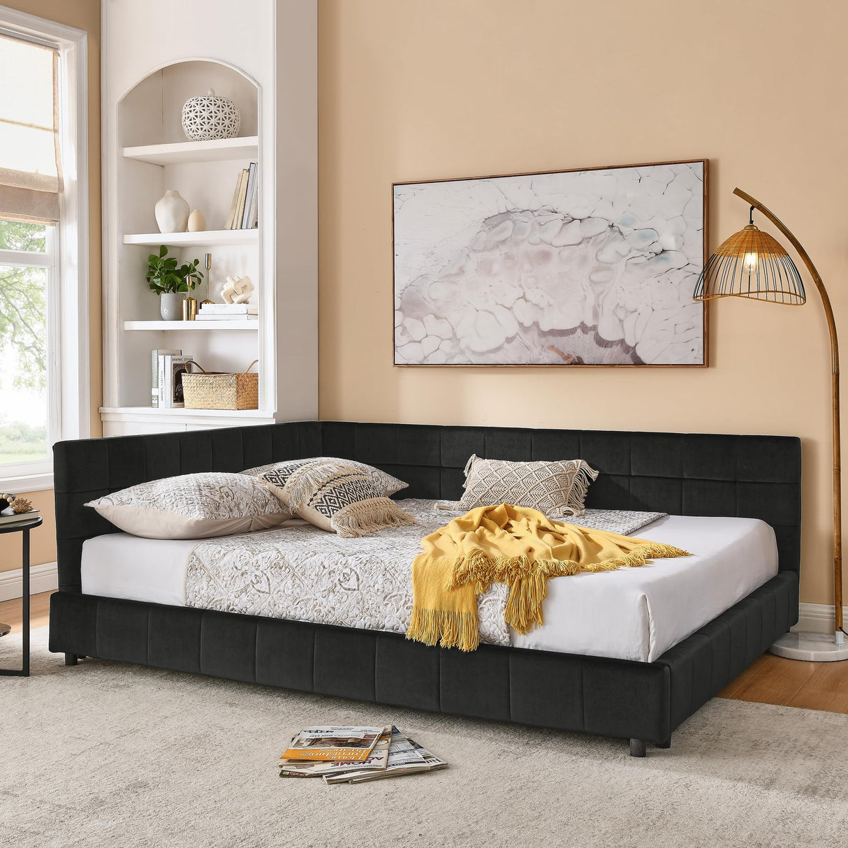 RuiSiSi Queen Size Upholstered Daybed, Queen Corner Bed with L Shaped Headboard, Velvet Day Bed Floor Bed Frame for Living Room Guest Room, Reversible Left or Right, Black RuiSiSi