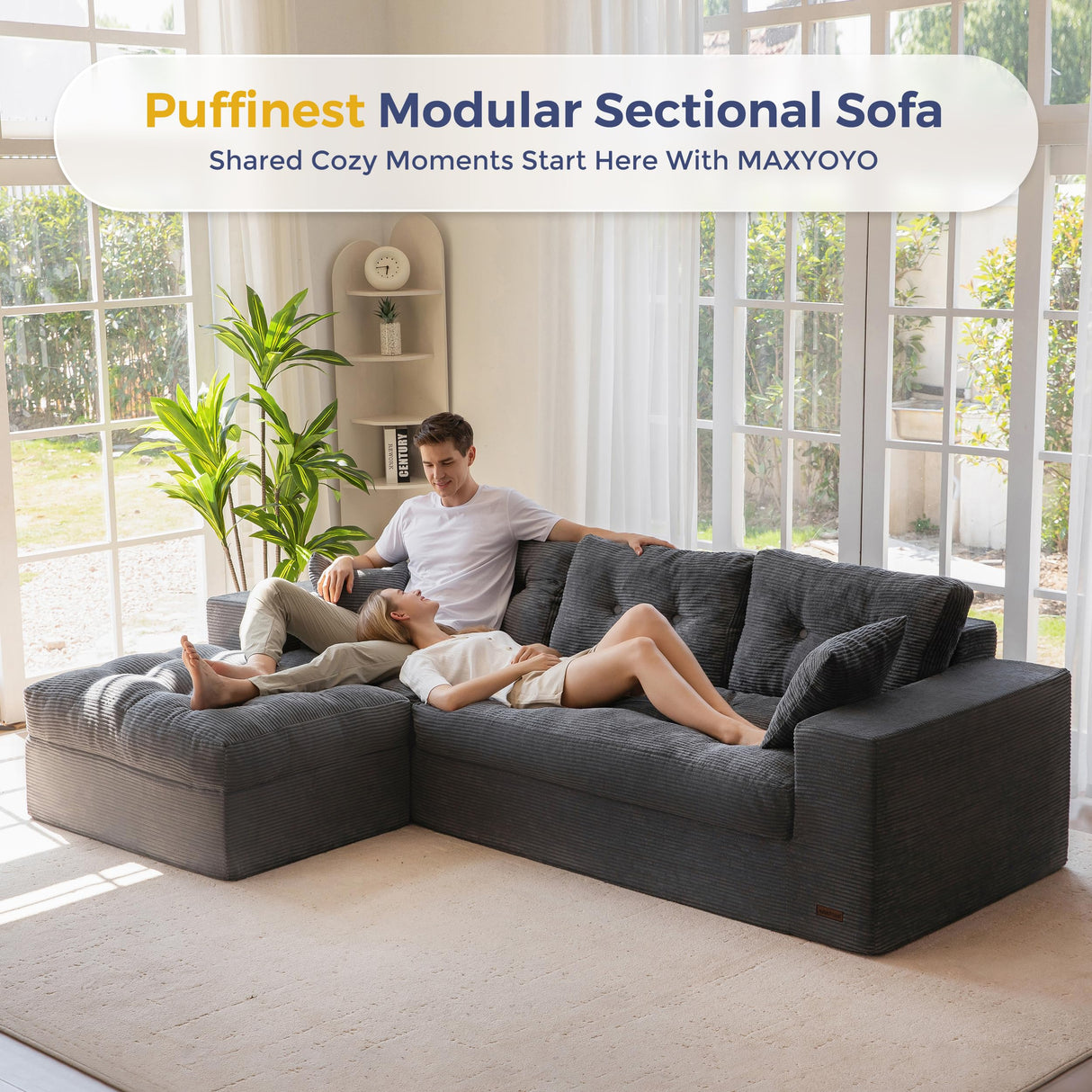 MAXYOYO L-Shaped Sectional Sofa with Convertible Left/Right Ottoman, Cloud Boneless Modular Couch, Layered Cushion & Tufted Upholstered, 4-in-1 Flexible Combination, No Assembly, Dark Grey MAXYOYO