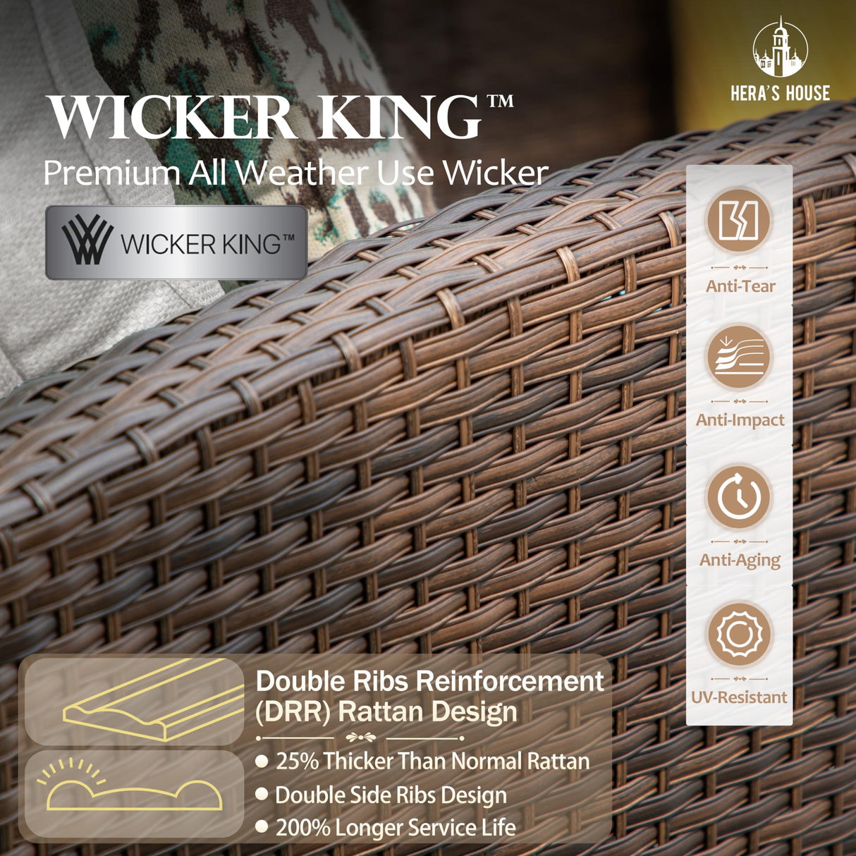 HERA'S HOUSE Patio Furniture Set with Fire Pit Table, 8 Pieces Outdoor Wicker Conversation Set, 4 x Single Chair, 2 x Ottoman, 3-Seat Sofa with 56" Fire Pit Table, for Garden, Poolside, Backyard HERA'S HOUSE