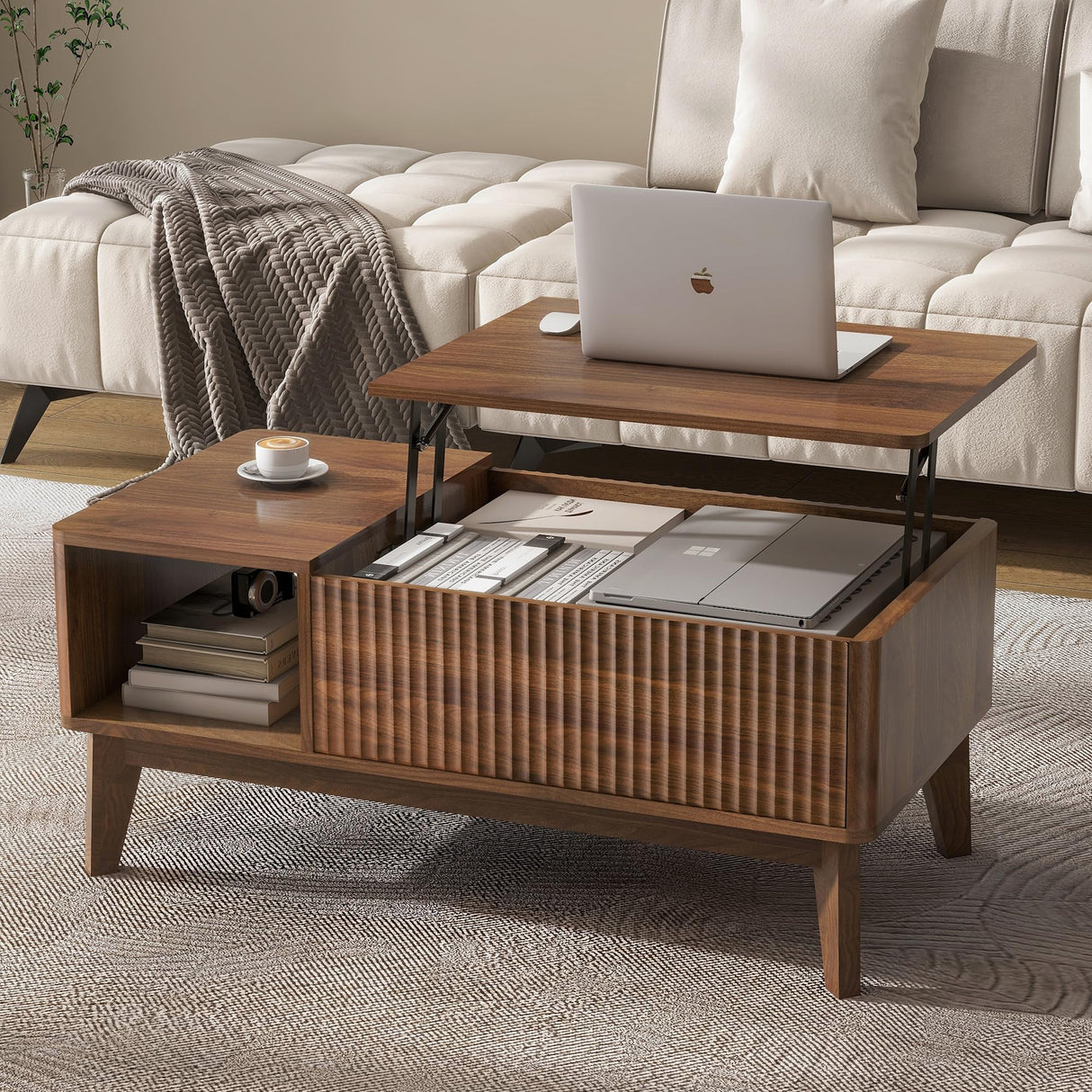 LYNCOHOME Fluted Lift Top Coffee Table with Hidden Compartment, Modern Center Table for Living Room, Home Office（Walnut） LYNCOHOME