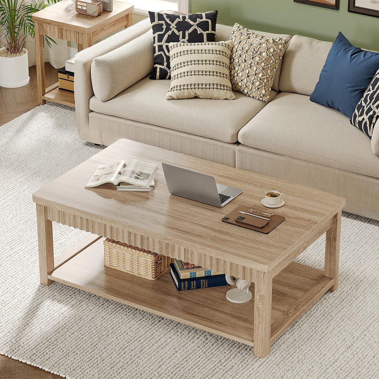 Homkdom Coffee Table, 39 Inch Modern Coffee Tables for Living Room with 2-Tier Storage & Wave-Edge, Oak Center Table for Bedroom/Office Homkdom