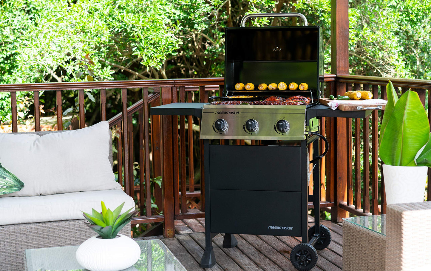 Megamaster 3-Burner Propane Gas Grill with Folding Side Tables, 30,000BTUs, 429.81 sq. in. Cooking Space, Stainless Steel Control Panel, Outdoor Kitchen Grill for BBQs, Patios, and More - 720-0988EA