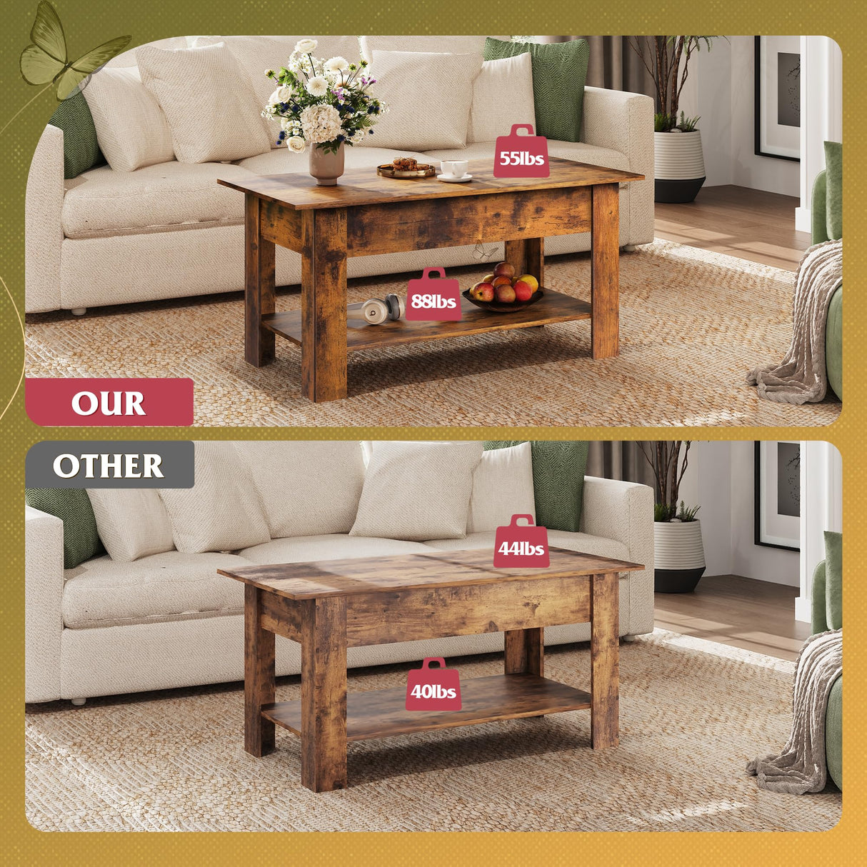 WLIVE Coffee Table, 39" Lift Top Coffee Table with Hidden Compartment, Storage Shelf and Lifting Top for Home Living Room, Office and Reception Room, Rustic Brown WLIVE