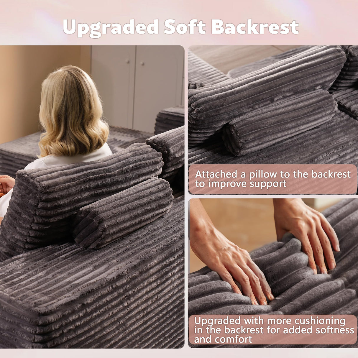 CAODOC 135" Cloud Sectional Couch for Living Room, Modular Floor Sofa with Plush Corduroy, No Assembly Required, Plush Corduroy Couches with Deep Seat Chaise Lounge, Gray CAODOC