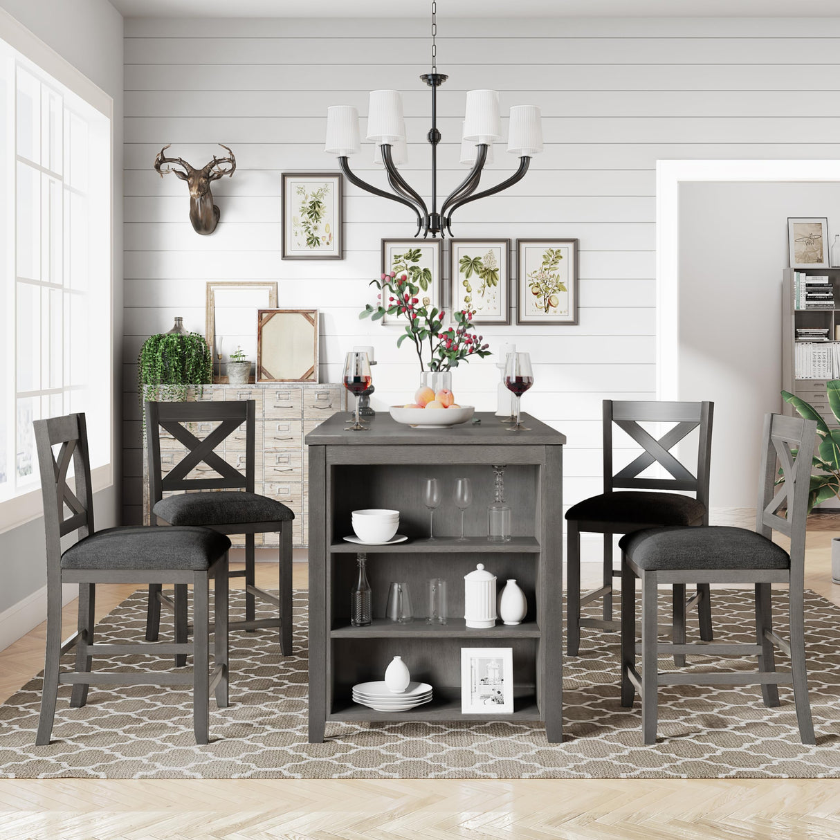 5 Pieces Counter Height Wooden Bar Table Set with 3-Tier Shelf and 4 Chairs, Rustic Farmhouse Dining Table Set for 4, Gray Harper & Bright Designs