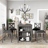 5 Pieces Counter Height Wooden Bar Table Set with 3-Tier Shelf and 4 Chairs, Rustic Farmhouse Dining Table Set for 4, Gray Harper & Bright Designs