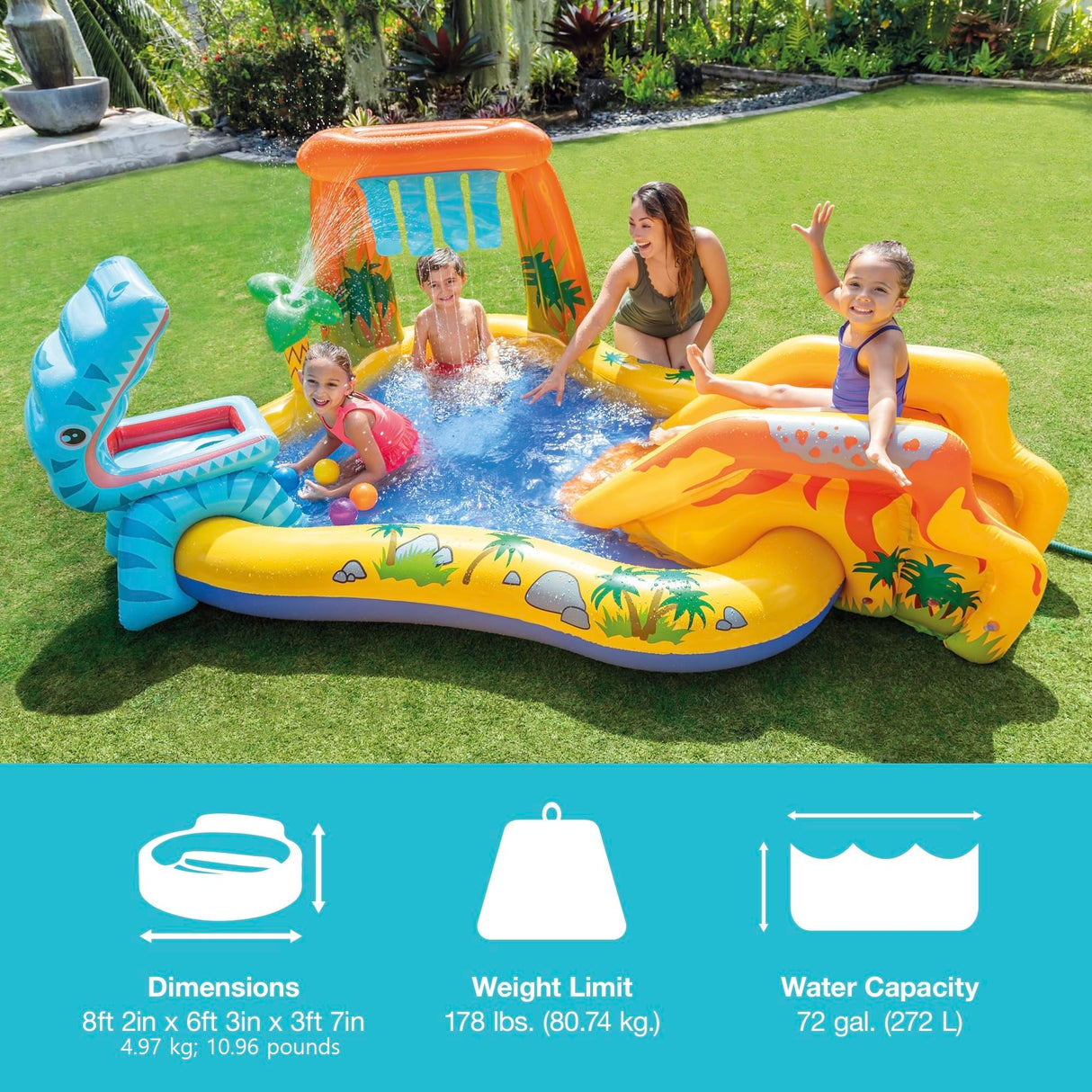Intex Inflatable Dinosaur Play Center Outdoor Playhouse Inflatable Water Park with Kid Pool Slide, Water Sprayer, Waterfall, and 6 Balls, Multicolor Intex