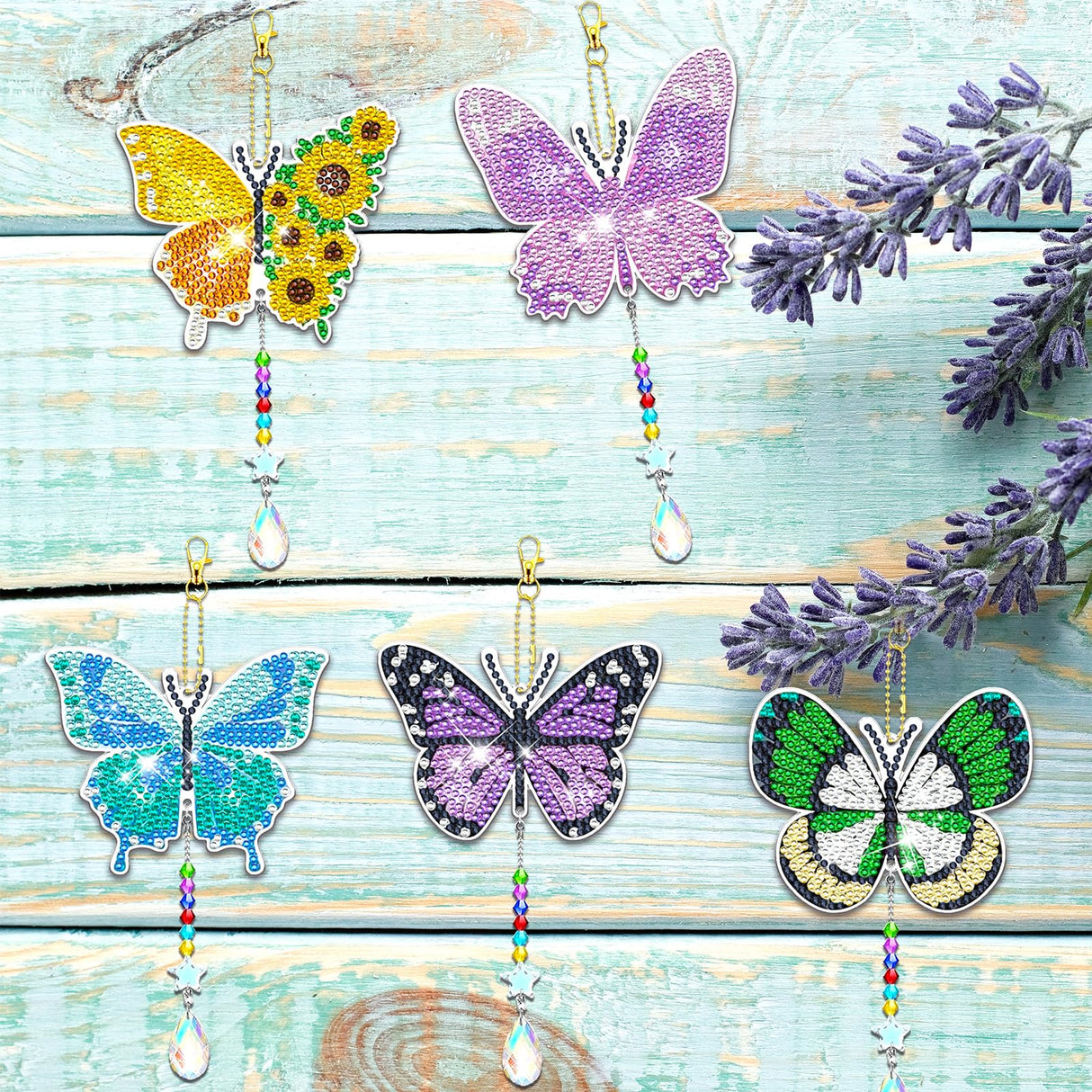 JeCuiK 6 Pcs Butterfly Diamonds Paintings Kits Suncatcher Double Sided Rhinestone Painting Wind Chimes 5D DIY Diamond Painting Kits Paint by Number Crystal Hanging Ornaments Mom Gifts JeCuiK