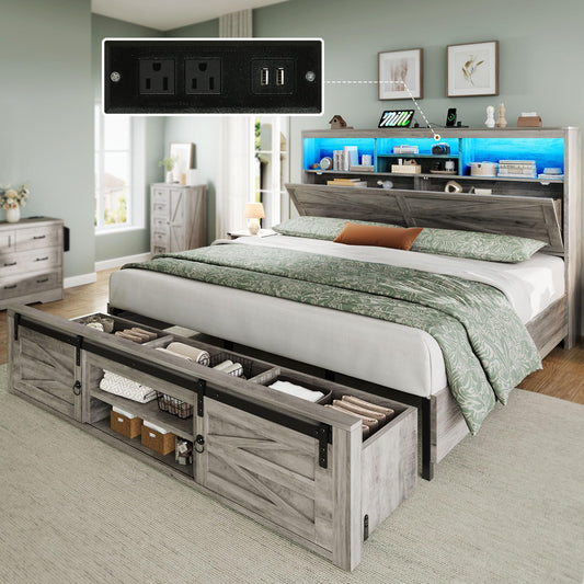 YITAHOME Farmhouse King Size Bed Frame with RGB LED Lights & Tail Drawer, Storage Bookcase Headboard with Charging Station, Sliding Barn Door, Metal Slats, No Box Spring Needed, Noise-Free, Grey