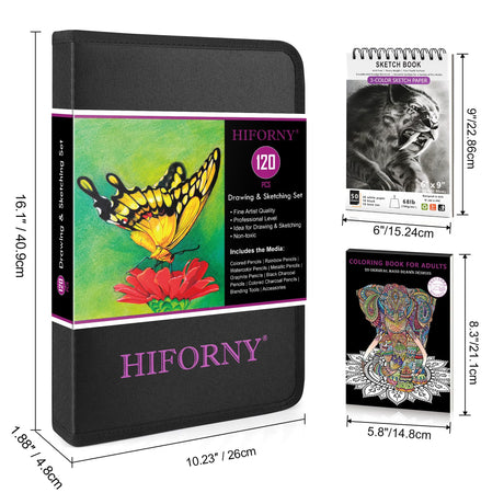 HIFORNY 120 PCS Drawing Set Sketching Kit, Art Supplies with 3-Color Sketchbook,Coloring Book,Rainbow,Colored,Watercolor,Metallic,Graphite,Black & Colored Charcoal Pencils,Blending Tools and More HIFORNY