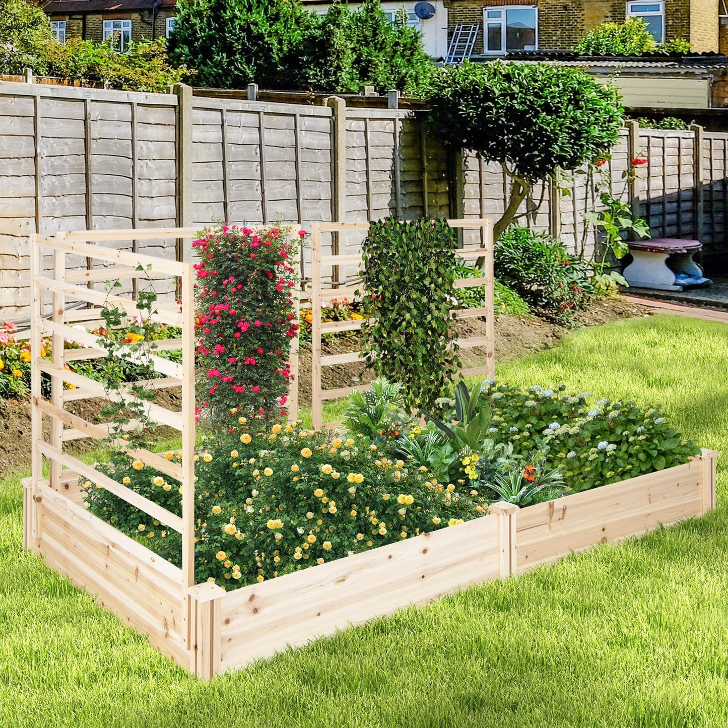 HAPPYGRILL Raised Garden Bed with 3 Trellises, Outdoor Wood Raised Bed w/ 2 Planter Boxes for Flowers, Vegetables, Fruits Climbing Vines, Elevated Garden Box for Yard Patio, 88" L x 45" W x 4 - WoodArtSupply