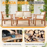 Greesum 4 Piece Bistro Patio Furniture Outdoor Chat Chair Set with Water Resistant Cushions and Coffee Table for Beach Backyard Garden, Acacia Wood Greesum