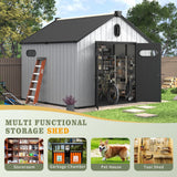 UDPATIO 8x10 FT Outdoor Storage Shed, Resin Plastic Shed with Floor Air Vents Side Windows Skylights Lockable Doors, Backyard Patio Garden, Grey UDPATIO