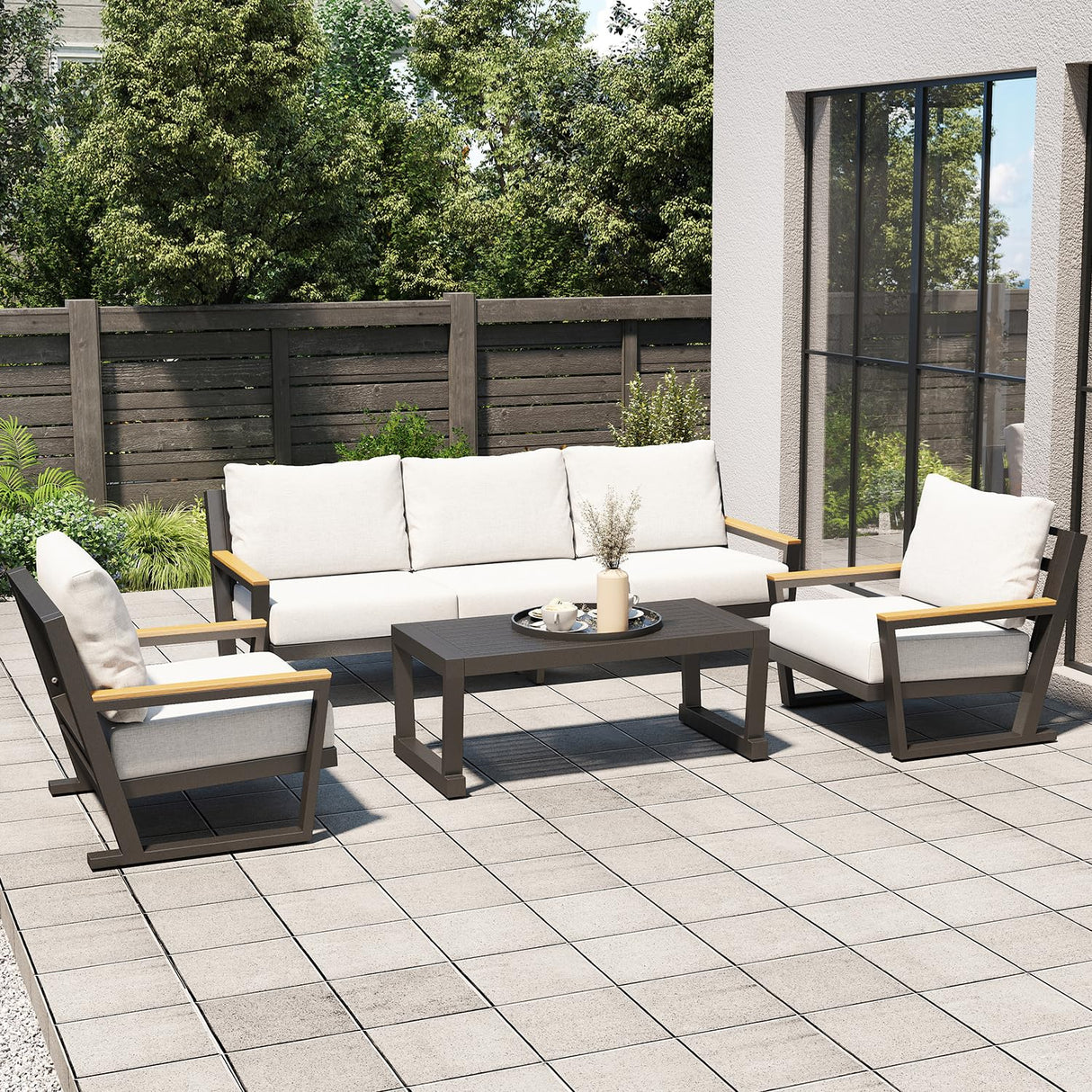 Aug-guan Aluminum Outdoor Sofa,4 Seats Modern Patio Furniture Set,Sectional Sofa Conversation Set with Coffee Table, Upgraded Washable Cushions for Garden Backyard,Grey Aug-guan