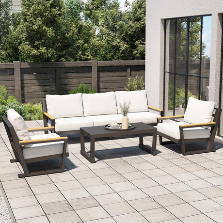 Aug-guan Aluminum Outdoor Sofa,4 Seats Modern Patio Furniture Set,Sectional Sofa Conversation Set with Coffee Table, Upgraded Washable Cushions for Garden Backyard,Grey Aug-guan