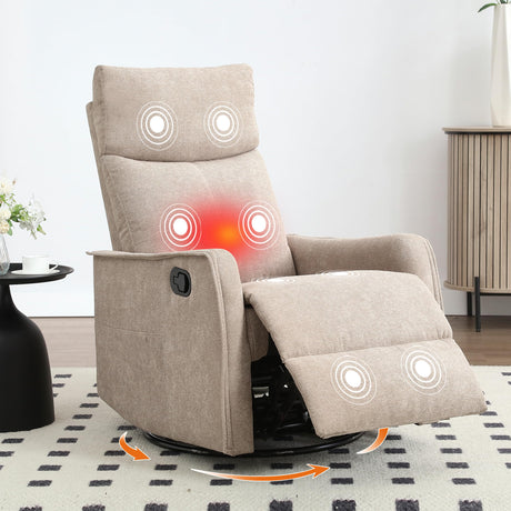 Manual 360° Swivel Rocker Recliner Chair for Adults, Overstuffed Glider Chair for Nursery with Vibration Massage and Heat, Comfy Soft Fabric Glider with Side Pockets for Living Room, Khaki Luxlen