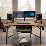 EUREKA ERGONOMIC 72" Computer Desk W Keyboard Tray, Wing-Shaped Music Studio Desk, Large Gaming Desk W LED Convertible Monitor Stand Dual Headphone Hanger for Recording Live Streamer, Walnut Wood EUREKA ERGONOMIC