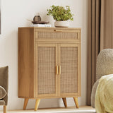 Rovaurx Accent Floor Storage Cabinet with Rattan Doors, Bathroom Cabinet with Large Drawer, Freestanding Storage Cabinet Organizer, Natural BMGZ107M Rovaurx