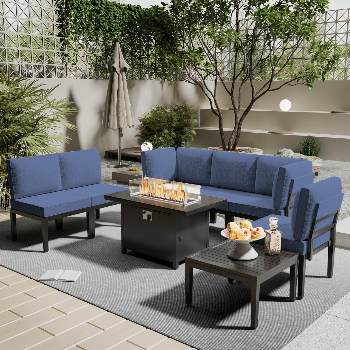 ASJMR Patio Furniture Set,8 Pieces Modern Outdoor Conversation Set w/43in Gas Fire Pit Table, Outdoor Metal Sectional Sofa with 55000 BTU Propane Fire Pit. ASJMR