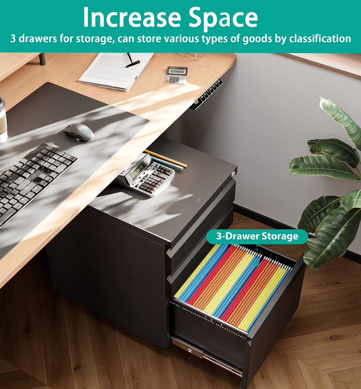 3 Drawer Mobile File Cabinet Under Desk Storage Drawers File Cabinets For Home Office, Office Organization File Cabinet With Lock Metal Filing Cabinet For Legal/letter/a4 File With Slim Width, Black SISESOL