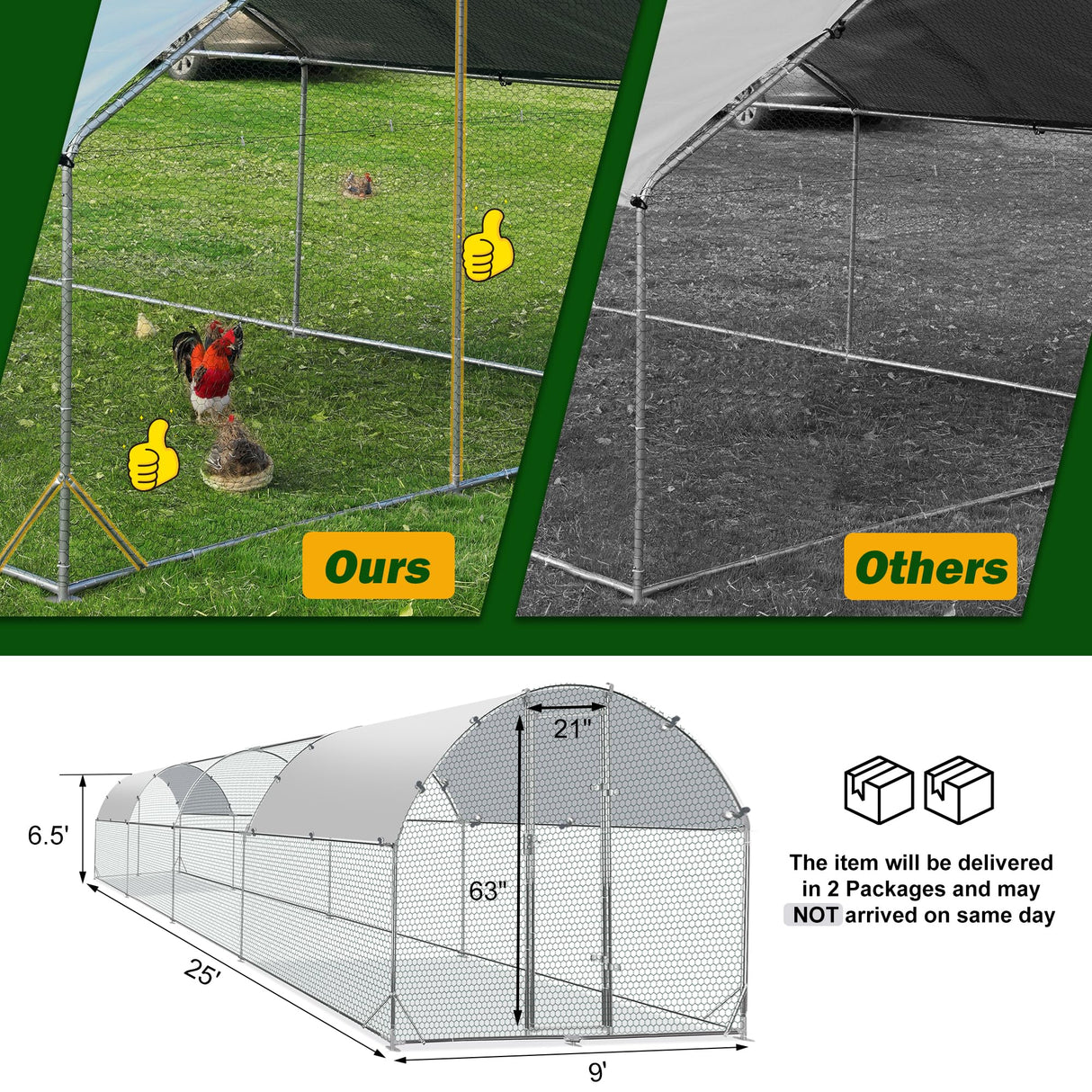 Large Metal Chicken Coop Upgrade Tri-Supporting Wire Mesh Chicken Run,Chicken Pen with Water-Resident and Anti-UV Cover,Duck Rabbit House Outdoor(9'W x 25'L x 6.5'H) Betterhood